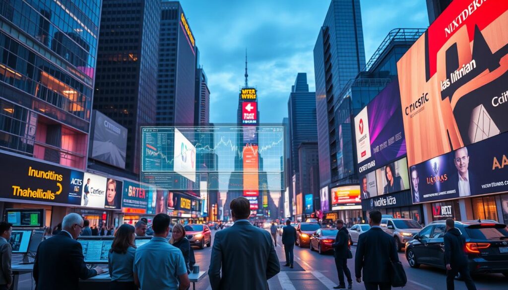 A bustling financial district at dusk, towering skyscrapers and neon-lit billboards casting a warm glow over the scene. In the foreground, a group of executives gathered around a holographic display, examining complex financial data visualizations powered by advanced artificial intelligence. The middle ground features sleek trading terminals and analysts poring over stock tickers, while the background is alive with the flow of pedestrians and autonomous vehicles navigating the streets. The overall atmosphere conveys a sense of innovation, technology, and the boundless possibilities of AI in reshaping the future of the financial industry.