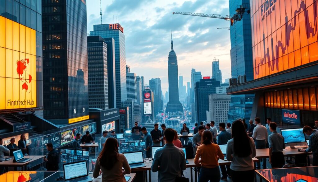 A bustling fintech hub in a modern financial district, illuminated by the warm glow of skyscrapers and neon signage. In the foreground, a dynamic group of young professionals collaborate at standing desks, laptops and tablets in hand. The middle ground features an array of holographic displays, data visualizations, and AR interfaces showcasing the latest financial innovations. In the background, a sweeping cityscape of sleek towers and futuristic transportation systems, reflecting the transformative power of fintech to redefine the banking and investment landscape. The scene conveys a sense of innovation, collaboration, and the rapid evolution of the financial sector.