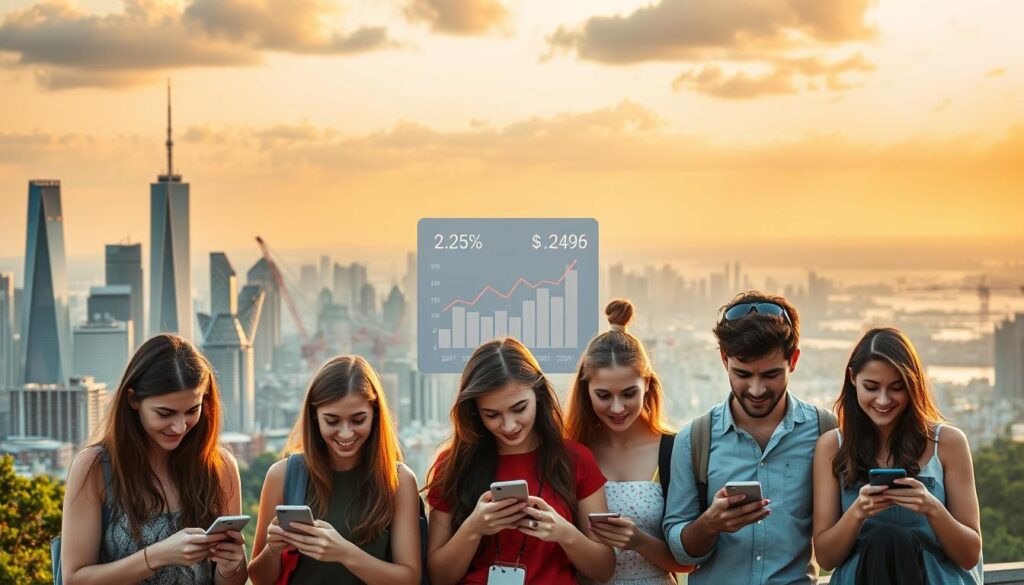 A lush, vibrant city skyline at golden hour, with skyscrapers and high-rise buildings bathed in warm, soft light. In the foreground, a group of young, tech-savvy individuals using various mobile devices and apps, their faces lit with an aura of optimism and determination. The middle ground features a montage of digital wallets, currency exchange rates, and revenue charts, hinting at the financial potential of the apps they are exploring. In the background, a distant horizon dotted with cranes and construction sites, symbolizing the ongoing growth and opportunities in the world of mobile technology and remote work. The overall atmosphere is one of urban dynamism, financial empowerment, and a sense of boundless possibilities.