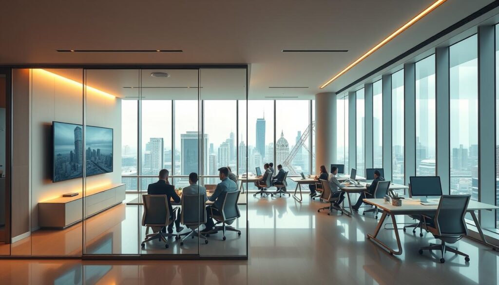 A modern, minimalist office interior with a sleek, glass-walled conference room in the foreground. Inside, a group of business people are seated around a glossy, rectangular table, focused on a digital presentation projected onto the wall. The room is bathed in warm, indirect lighting, creating a professional yet inviting atmosphere. In the middle ground, a series of workstations with minimalist, ergonomic desks and chairs, occupied by employees deeply engaged with their computer screens. The background features floor-to-ceiling windows, offering a panoramic view of a bustling city skyline, symbolizing the integration of financial automation and cutting-edge technology.