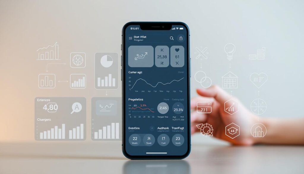 A sleek, minimalist financial management app interface set against a soft, blurred background. The foreground features various financial charts, graphs, and icons in a clean, modern design. The middle ground showcases smooth, intuitive user interactions, with a user's hand interacting with a mobile device. The background has a muted, muted color palette, conveying a sense of efficiency and professionalism. The lighting is soft and diffused, creating a calming, focused atmosphere. The camera angle is slightly elevated, providing an overview of the app's key features and functionality.