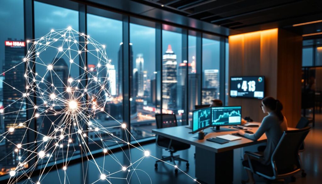 A sleek, modern office interior with a focus on digital transformation in the financial sector. In the foreground, a stylized wireframe model of an AI system, its intricate connections pulsing with energy. In the middle ground, a team of financial analysts collaborating around a high-tech workstation, data visualizations and predictive analytics displayed on seamless screens. The background showcases a panoramic view of a bustling financial district, skyscrapers and digital billboards illuminating the scene with a neon glow. Warm, directional lighting accentuates the dynamic interplay of technology and human expertise, creating an atmosphere of innovation and progress in the realm of finance.