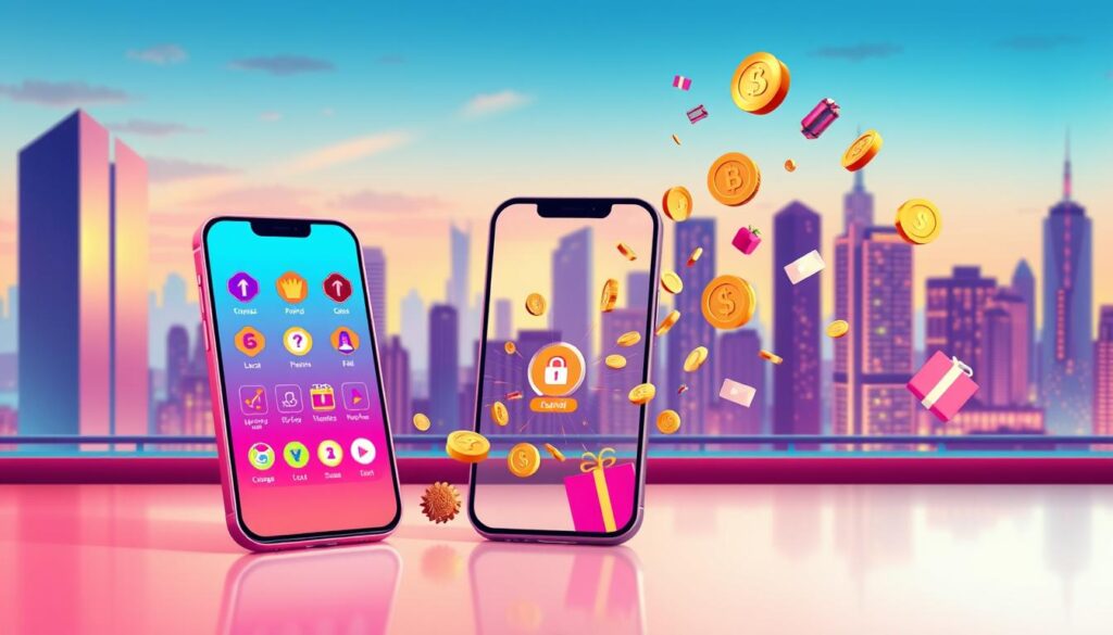 A vibrant, modern illustration of a mobile app's reward system. In the foreground, a smartphone screen displays various reward icons, badges, and point counters, inviting the user to engage and earn. The middle ground showcases a dynamic flow of coins, gift boxes, and other rewards cascading across the scene, creating a sense of progression and achievement. In the background, a sleek, minimalist cityscape with high-rise buildings and a vibrant skyline sets the tone of a tech-savvy, urban environment. The image is bathed in a soft, warm lighting that enhances the sense of a polished, user-friendly app experience.