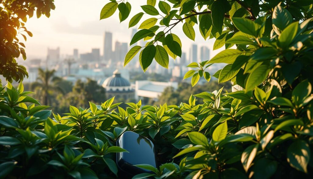 Lush, vibrant foliage in various shades of green, representing the rapid growth and flourishing of the fintech industry in Brazil. In the foreground, sleek and modern financial technology devices, symbolizing innovation and disruption. A city skyline in the background, with a mix of traditional and contemporary architecture, showcasing the evolving financial landscape. Soft, warm lighting illuminates the scene, creating a sense of progress and optimism. The composition is balanced, with the fintech elements taking center stage, surrounded by the dynamic urban environment. An atmosphere of dynamism, adaptation, and technological advancement permeates the image.