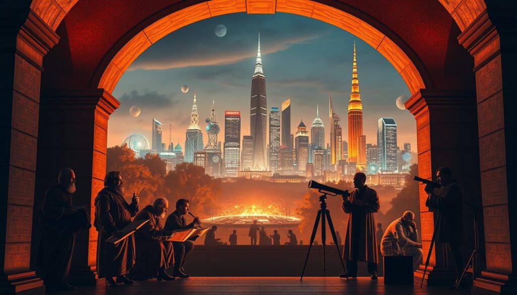 A grand archway frames the evolution of scientific thought, illuminated by warm, incandescent lighting. In the foreground, ancient thinkers ponder with scrolls and quills, representing the foundations of early philosophy and empiricism. The middle ground showcases the renaissance, with scientists peering through telescopes and experimenting with alchemical apparatus, symbolizing the dawn of the scientific method. In the distance, a futuristic cityscape rises, its gleaming spires and holographic displays signifying the technological advancements of modern science. The scene conveys the gradual, yet profound, progression of human understanding, from the origins of curiosity to the frontiers of contemporary innovation.