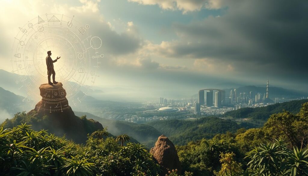 A lush, ethereal landscape where the arc of human scientific progress unfolds. In the foreground, a towering figure representing the insatiable curiosity of humanity, reaching towards the heavens. Swirling around it, a tapestry of scientific symbols and glyphs, casting an otherworldly glow. In the middle ground, a sprawling cityscape shrouded in a hazy, dreamlike atmosphere, signifying the transformation of knowledge into technological advancement. In the distance, a shimmering horizon where the unknown beckons, hinting at the boundless frontiers yet to be explored. Soft, diffused lighting casts a sense of reverence and wonder, as if capturing a pivotal moment in humanity's eternal quest for understanding.