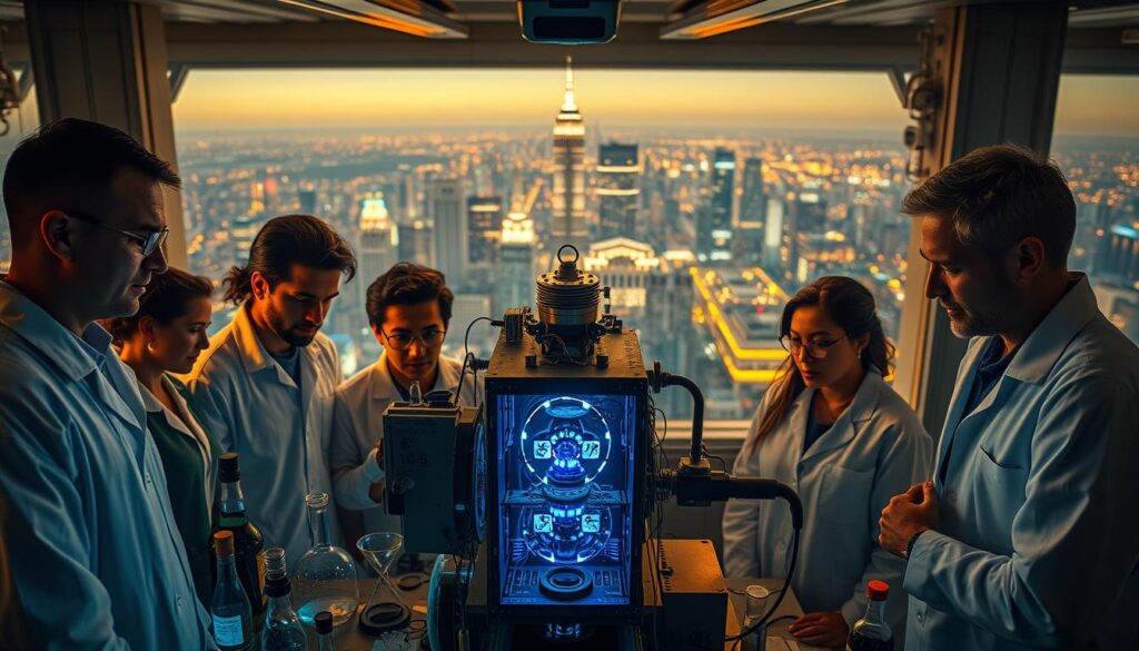 A towering laboratory setting, illuminated by warm incandescent lighting, showcasing a dramatic scientific discovery. In the foreground, a team of diverse researchers intently studying a complex apparatus, their expressions a mix of curiosity and excitement. The middle ground features an array of scientific instruments, beakers, and holographic displays, hinting at the groundbreaking nature of their work. The background is a panoramic vista of a bustling, futuristic city skyline, reflecting the profound impact their discoveries will have on the world. The atmosphere is one of innovation, collaboration, and the relentless pursuit of knowledge that defines the incredible world of science.