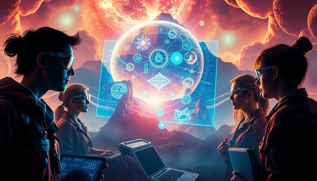 Explorações Científicas Revolucionárias: A vibrant and awe-inspiring illustration of pioneering scientific discoveries that challenge the boundaries of reality. In the foreground, a team of intrepid researchers delve into the unknown, their faces lit by the glow of advanced technologies. In the middle ground, a holographic display showcases cutting-edge experimental findings, captivating the viewer with the extraordinary complexity of the universe. The background features a dreamlike landscape, where the laws of physics seem to bend and distort, hinting at the mysteries that await to be unraveled. The scene is bathed in a warm, ethereal light, conveying a sense of wonder and possibility. This image embodies the thrill of scientific exploration, the pursuit of knowledge, and the transformative power of revolutionary discoveries.